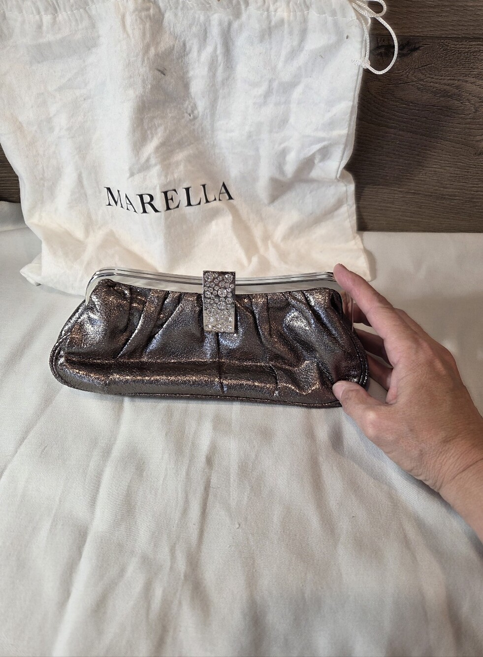MARELLA Metallic Silver Evening Clutch with Crystal Buckle - Picture 2 of 11